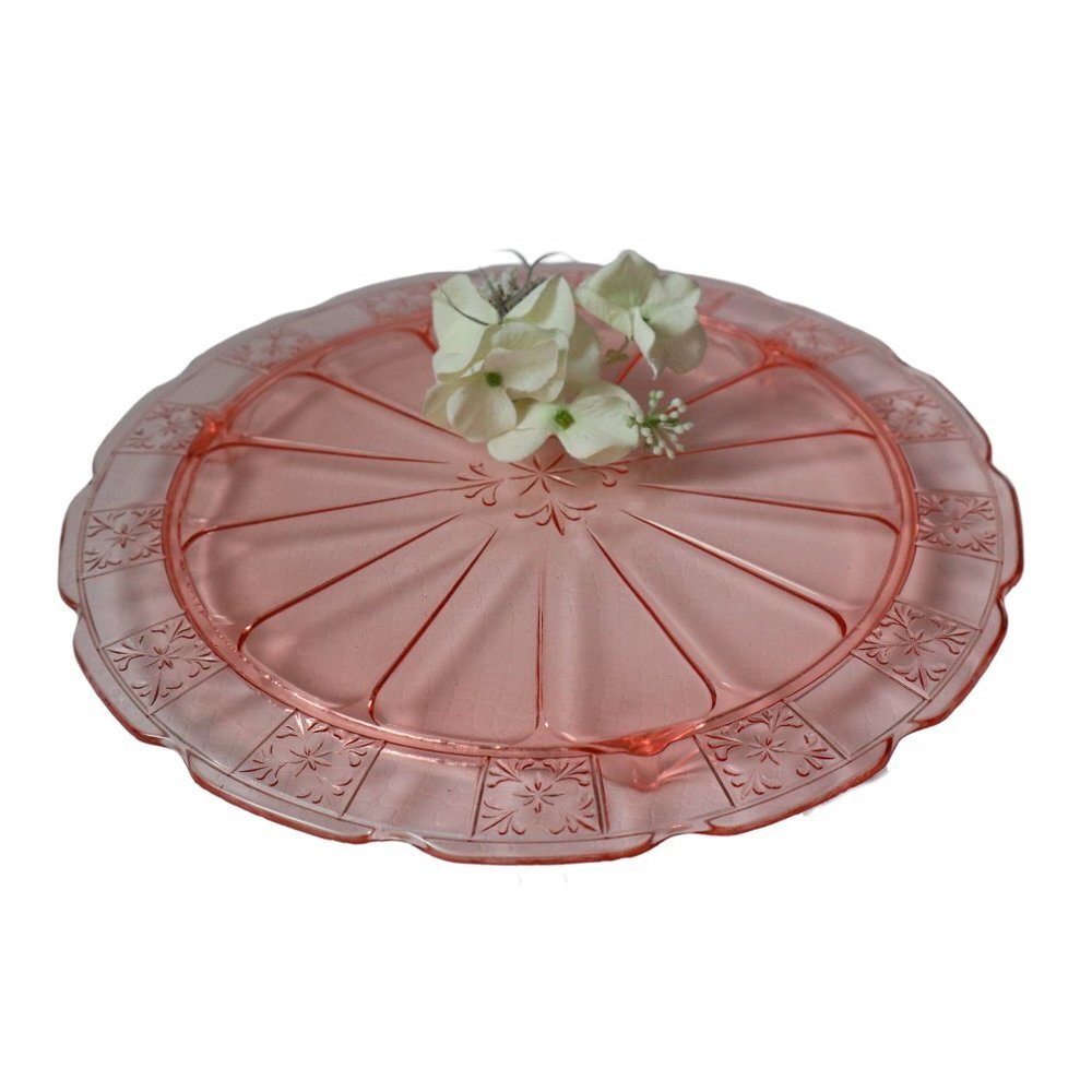 Pink Doric Depression Glass Cake Plate Serving Dish Jeannette 1930's